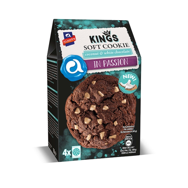 Мягкое печенье Allatini Kings с кокосом и белым шоколадом - 180 гр