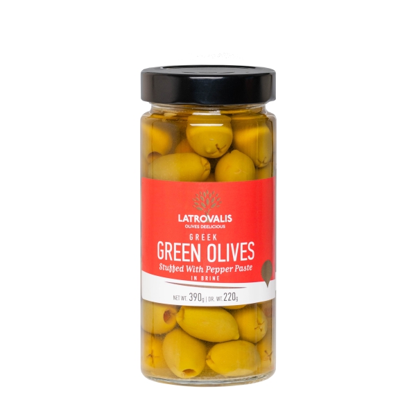 Зелёные оливки Latrovalis фаршированные пастой из красного перца - 390 гр