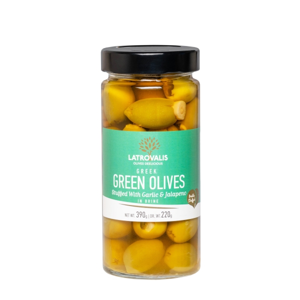 Зелёные оливки Latrovalis фаршированные перцем халапеньо и чесноком - 390 гр