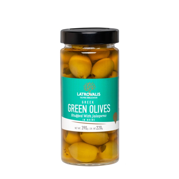 Зелёные оливки Latrovalis фаршированные перцем халапеньо - 390 гр